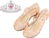 Prinsessenschoenen klittenband + kroon (tiara) - goud - maat 24/25 - vallen 1-2 maten kleiner - Het Betere Merk - verkleedschoenen prinses - prinsessen schoenen plastic - Giftset voor bij je Prinsessenjurk - binnenzool 15 cm
