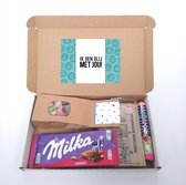 Brievenbus pakketje - Ik ben blij met jou - bedankt cadeau - Milka confetti chocolade - Popcorn - Mentos - Tum Tum -