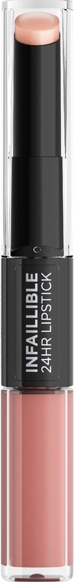 De Infaillible 24H Lipstick van L'Oréal Paris, kleur 803 Eternally Exposed, met aan de ene kant de lipstick en aan de andere kant een verzorgende top met hyaluronzuur.