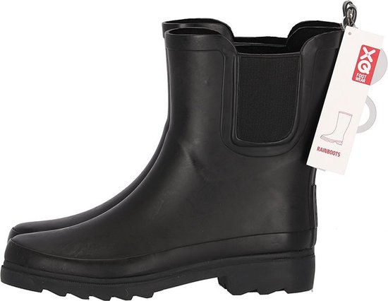 Zwarte XQ Chelsea regenlaarzen van rubber met elastische zijkanten en een label.