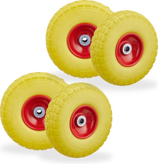 Relaxdays 4x roue de diable - 4.1/3.5-4 - caoutchouc - roue de diable - pneu anti-crevaison jaune-rouge