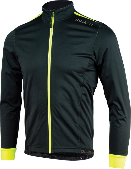 Zwarte Rogelli fietsjas met fluo-gele rits en manchetten. Zwart met fluo-gele details.