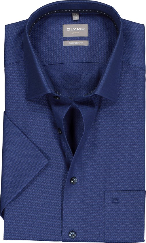 OLYMP comfort fit overhemd - korte mouw - structuur - marine blauw (contrast) - Strijkvrij - Boordmaat: 40
