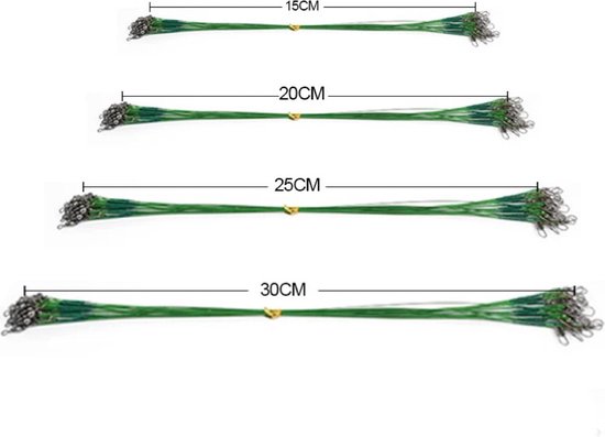 Onderlijnen - Stalen onderlijnen - 60 stuks - Gevlochten vislijn - Quick snap - Barrel wartel - Swivel - 15cm - 20cm - 25cm - 30cm - 0,5mm - 14kg - Groen - Vissen - Roofvissen van Presis — afbeelding 3