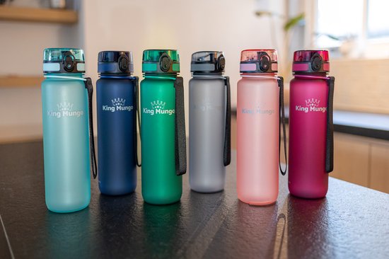 Zes King Mungo drinkflessen in de kleuren lichtblauw, donkerblauw, groen, grijs, roze en paars.
