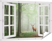 Gards Tuinposter Doorkijk Hert in Bos - 120x80 cm - Tuindoek - Tuindecoratie - Wanddecoratie buiten - Tuinschilderij