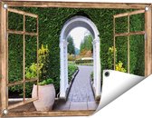 Gards Tuinposter Doorkijk Doorkijk met Potten - 60x40 cm - Tuindoek - Tuindecoratie - Wanddecoratie buiten - Tuinschilderij