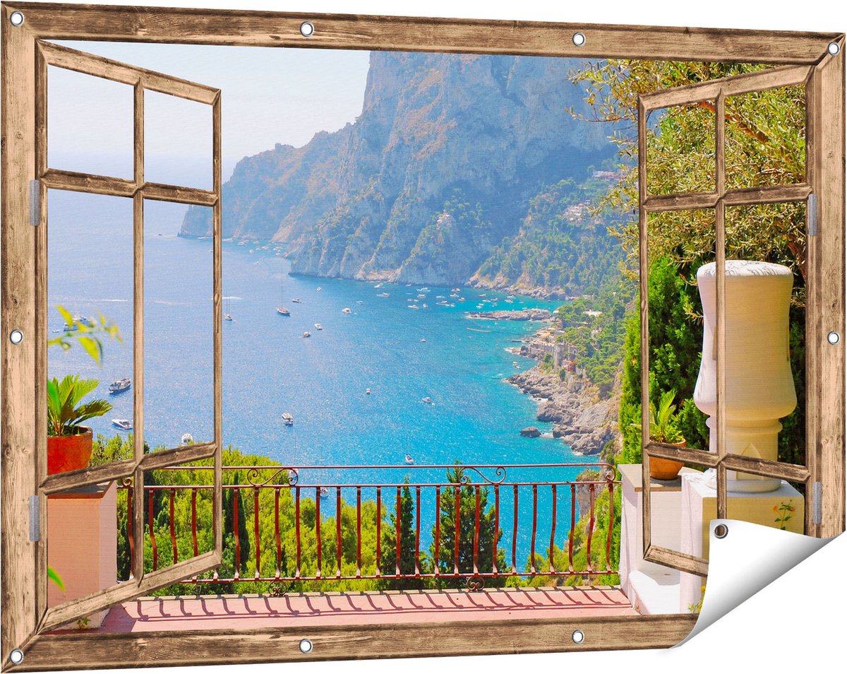Gards Tuinposter Doorkijk Vergezicht vanaf het Terras op Bergen - 120x80 cm - Tuindoek - Tuindecoratie - Wanddecoratie buiten - Tuinschilderij Licht bruin
