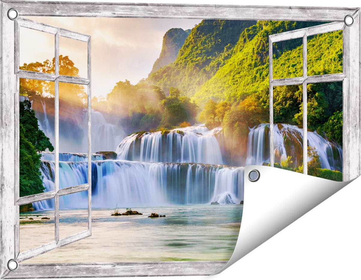 Gards Tuinposter Doorkijk Watervallen tussen de Bomen - 60x40 cm - Tuindoek - Tuindecoratie - Wanddecoratie buiten - Tuinschilderij Grijs