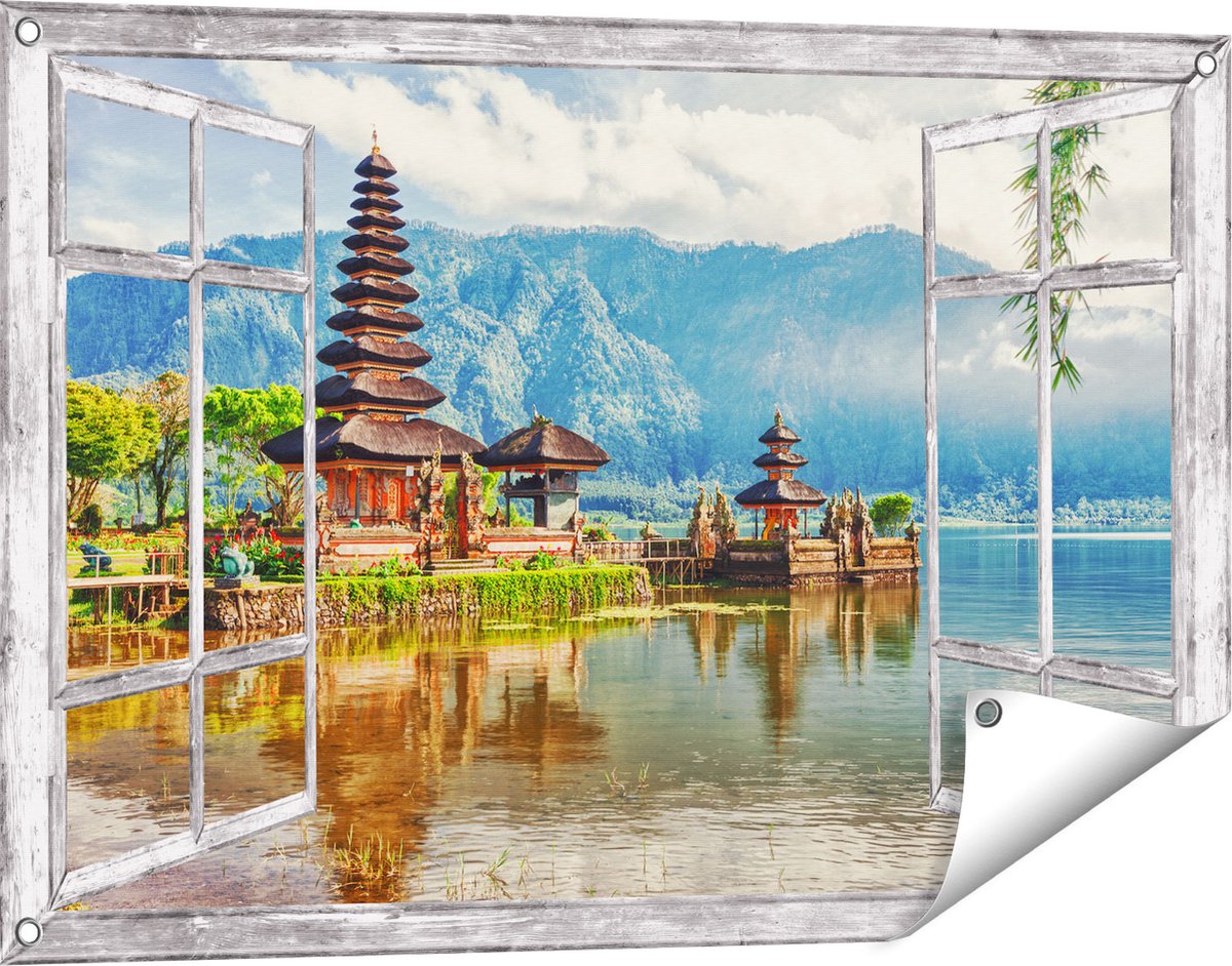 Gards Tuinposter Doorkijk Pura Tempel in Bali op het meer Beratan - 90x60 cm - Tuindoek - Tuindecoratie - Wanddecoratie buiten - Tuinschilderij Grijs