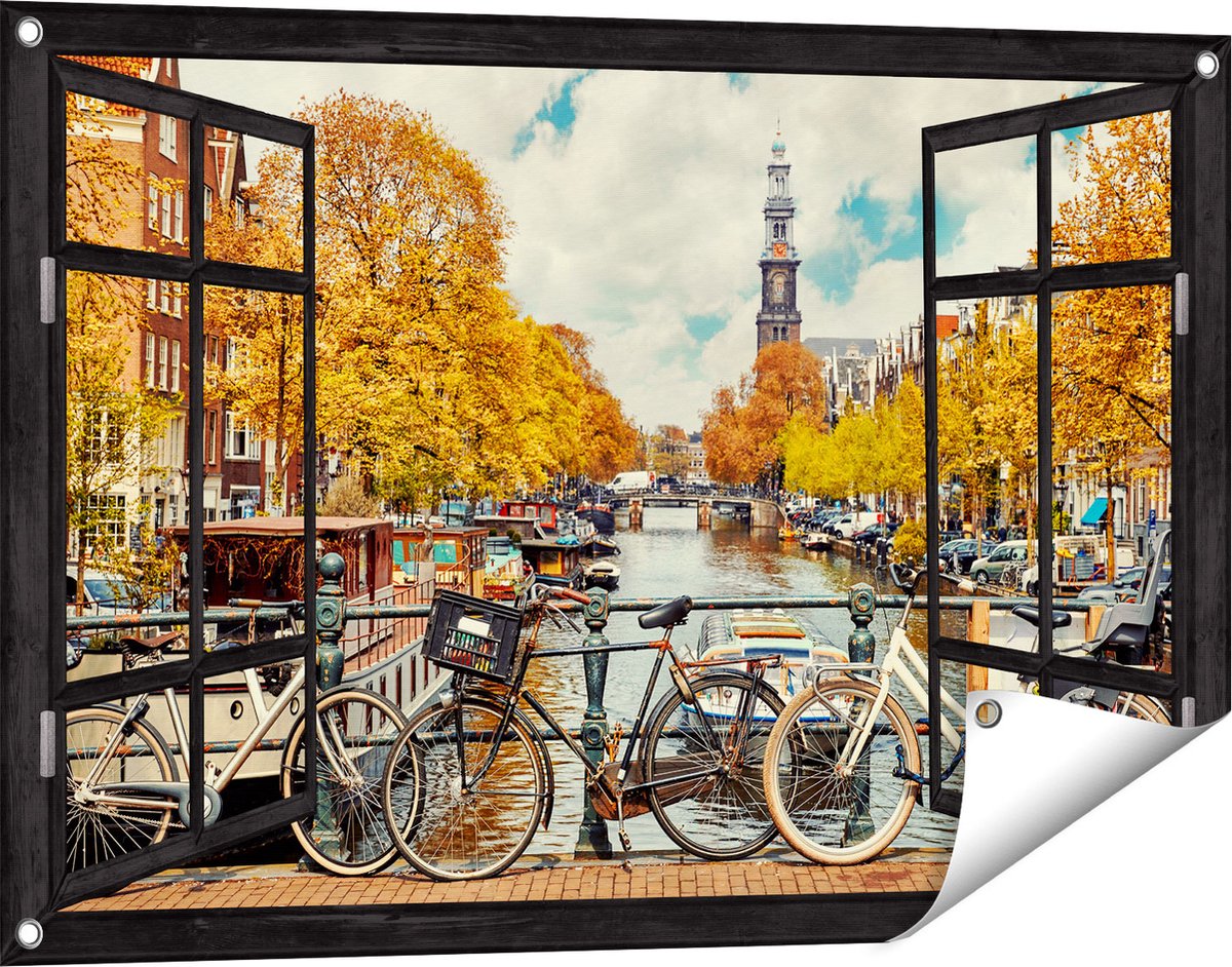 Gards Tuinposter Doorkijk Amsterdamse Brug bij een Brug met Fietsen - 90x60 cm - Tuindoek - Tuindecoratie - Wanddecoratie buiten - Tuinschilderij Zwart