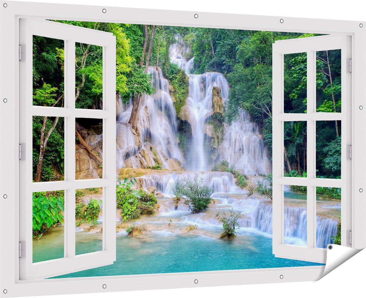 Gards Tuinposter Doorkijk Waterval in het Tropische Natuur - 180x120 cm - Tuindoek - Tuindecoratie - Wanddecoratie buiten - Tuinschilderij Multikleur