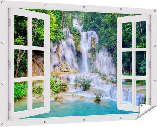 Gards Tuinposter Doorkijk Waterval in het Tropische Natuur - 180x120 cm - Tuindoek - Tuindecoratie - Wanddecoratie buiten - Tuinschilderij