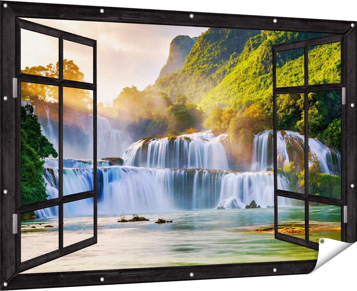 Gards Tuinposter Doorkijk Watervallen tussen de Bomen - 180x120 cm - Tuindoek - Tuindecoratie - Wanddecoratie buiten - Tuinschilderij Multikleur
