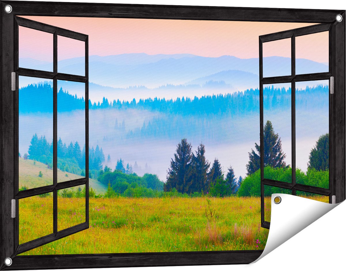 Gards Tuinposter Doorkijk Mistige Heuvel Landschap met Bossen - 90x60 cm - Tuindoek - Tuindecoratie - Wanddecoratie buiten - Tuinschilderij zwart