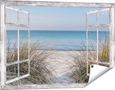 Gards Tuinposter Doorkijk Strand en Zee vanuit de Duinen - 90x60 cm - Tuindoek - Tuindecoratie - Wanddecoratie buiten - Tuinschilderij