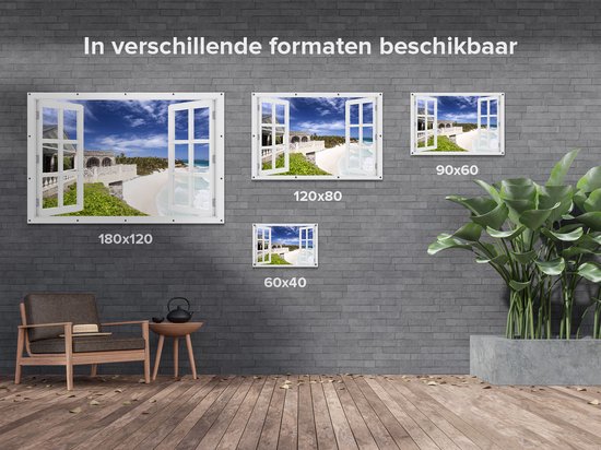 Gards Tuinposter Doorkijk Het Strandhuis - 120x80 cm - Tuindoek - Tuindecoratie - Wanddecoratie buiten - Tuinschilderij