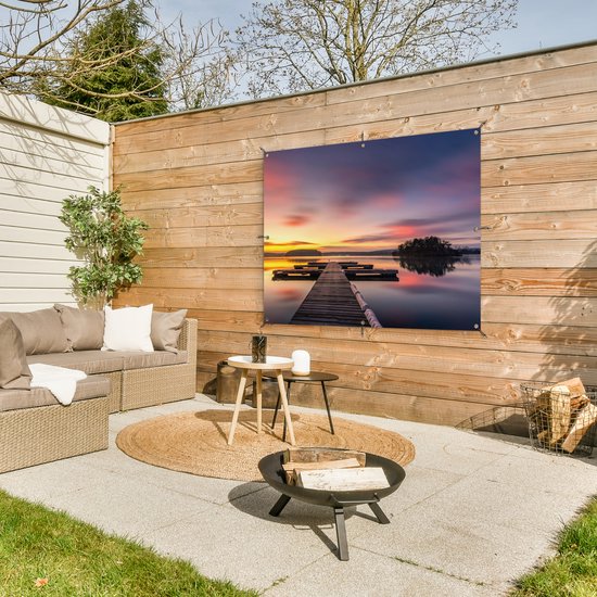 Tuinposter - Tuindoek - Tuinposters buiten - Steiger - Zonsondergang - Water - Zee - Reflectie - 120x90 cm - Tuin