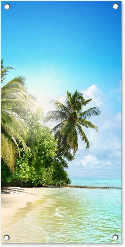 Tuinposter Zee - Palmboom - Strand - Tropisch - Blauw - Groen - 40x80 cm - Wanddecoratie Buiten - Tuinposter - Tuindoek - Schuttingposter - Tuinschilderij