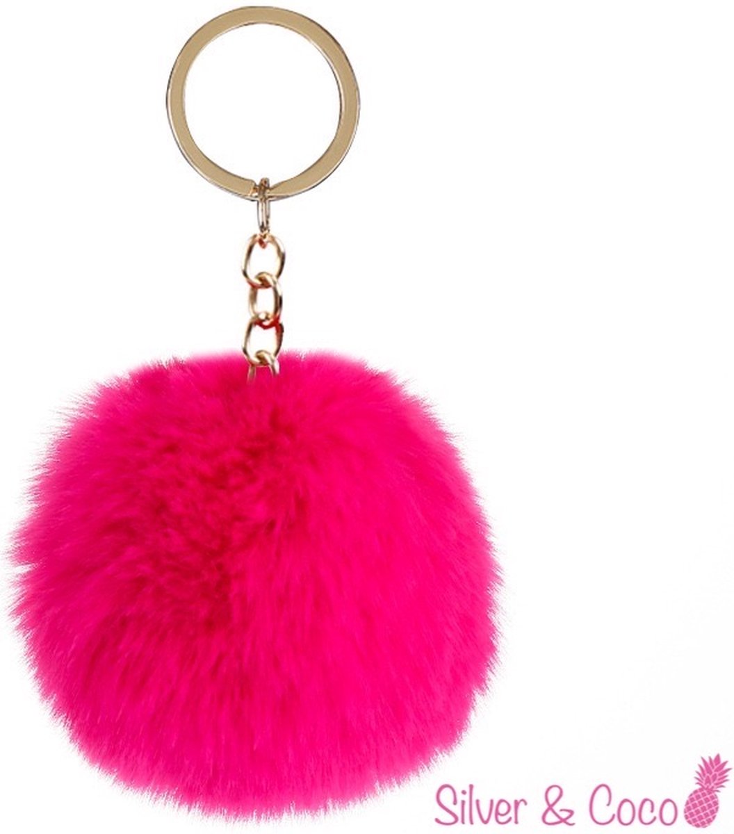 SilverAndCoco® - Faux Fur Bal / Meisjes Sleutelhanger Auto Huis / Key Chain Pom Pom / Sleutel Ring Nep Bol Imitatie Bont / Pluche Fluffy Bolletje / Sleutels Vrouwen - Fel Roze