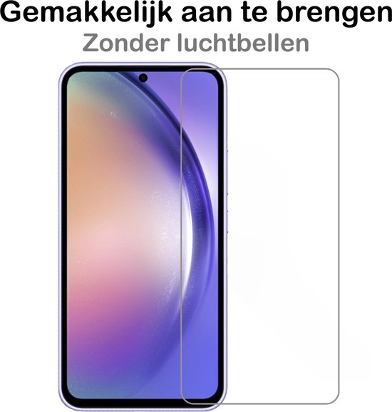 Een screenprotector naast een telefoon, met de tekst 'Gemakkelijk aan te brengen Zonder luchtbellen'.