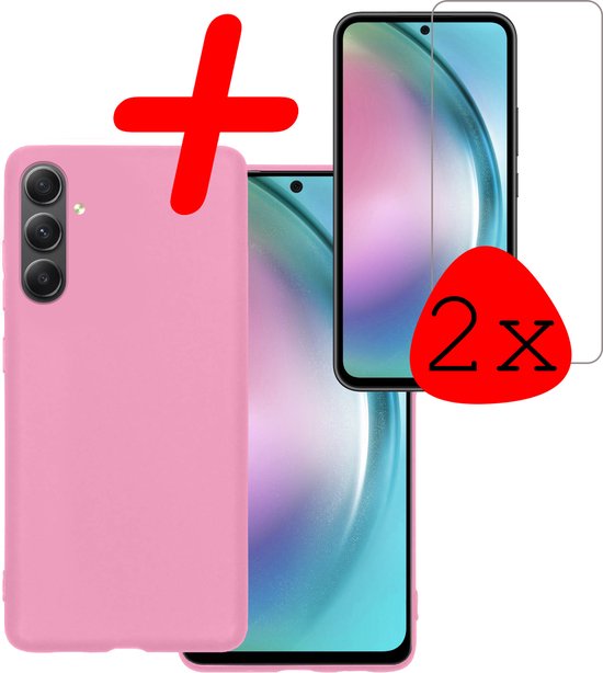 Hoes Geschikt voor Samsung A54 Hoesje Siliconen Back Cover Case Met 2x Screenprotector - Hoesje Geschikt voor Samsung Galaxy A54 Hoes Cover Hoesje - Lichtroze
