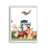 Postercity - Poster blije bosdieren konijn eekhoorn wasbeer Aquarel/waterkleur - Bos Dieren Poster - Kinderkamer / Babykamer - 70x50cm