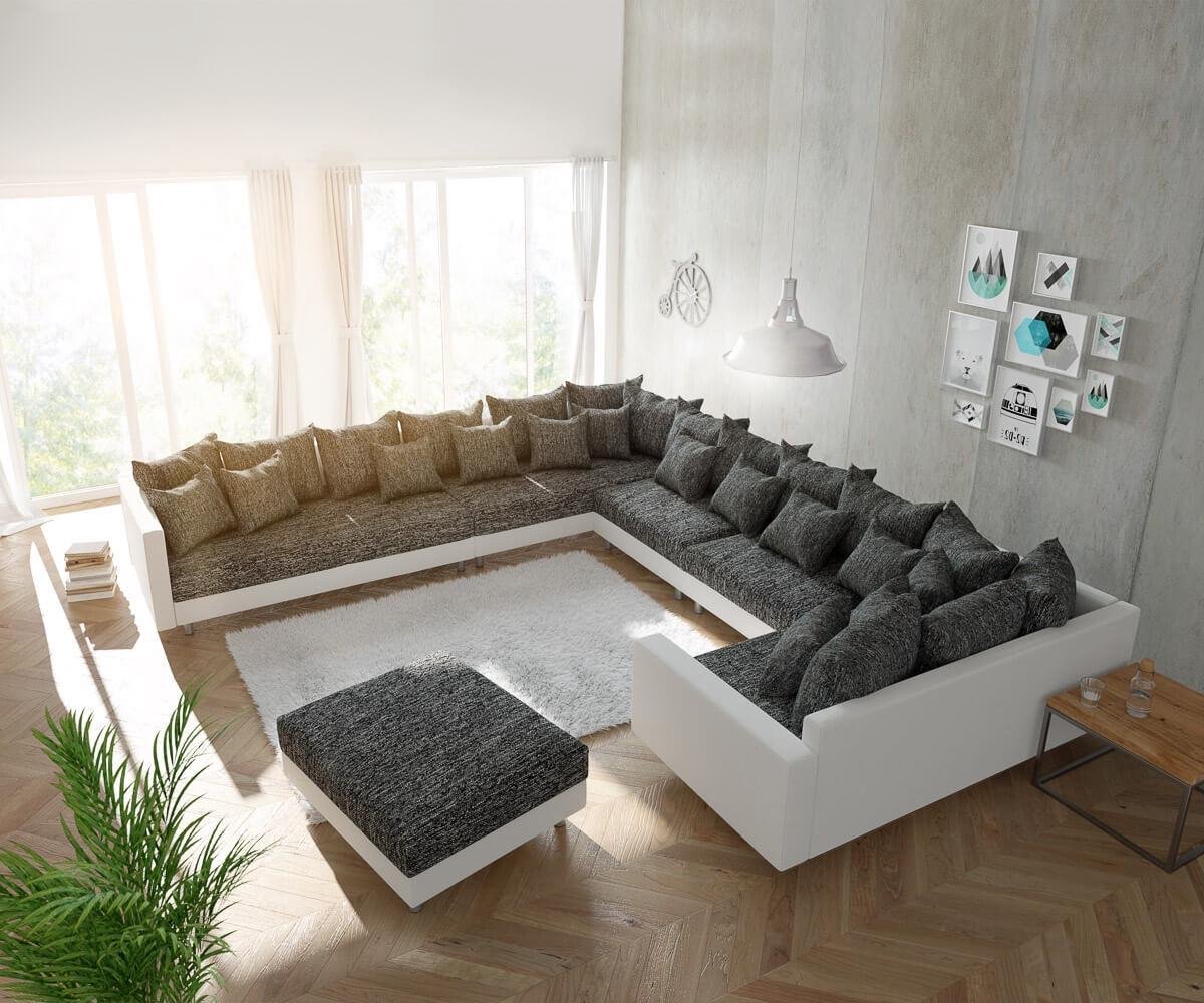 DELIFE Bank Clovis XXL wit zwart met hocker en armleuning ottomaans Links woonlandschap