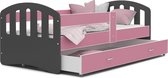 Kinderbed | Houten bed | 200x90cm| met lattenbodem | met uitschuiflade | grijs roze | met matras