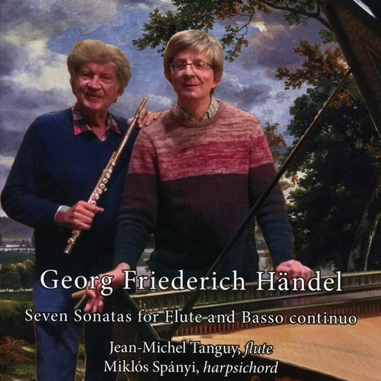 Twee muzikanten met fluit en klavecimbel voor een schilderij-achtergrond van Georg Friederich Händel cd.
