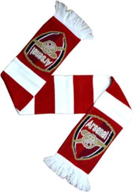 Arsenal sjaal met rode en witte strepen, geborduurd clubwapen en witte franjes.