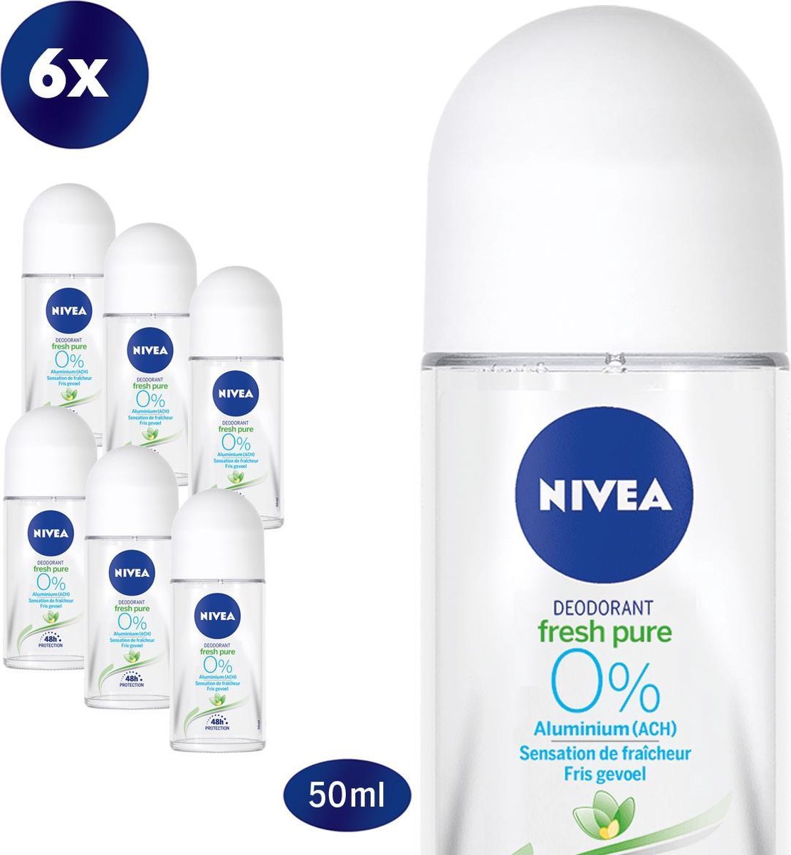 NIVEA Pure & Natural Jasmine - 6 x 50 ml - Voordeelverpakking - Deodorant Roller - NIVEA