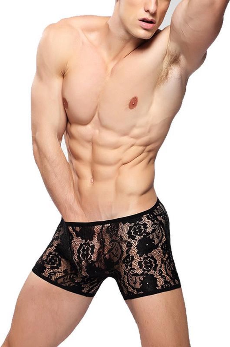 Sexy heren boxer / boxershort van kant met stretch Zwart - Kanten ondergoed maat S/M