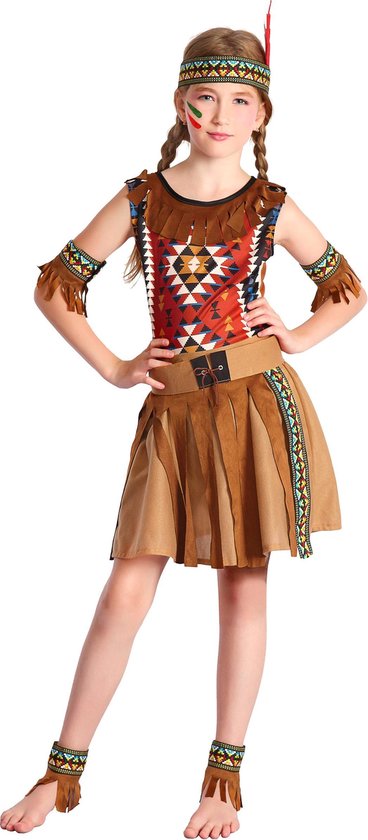 LUCIDA - Bruine en kleurrijke indiaan outfit met hoofdband voor meisjes - XS 92/104 (3-4 jaar)