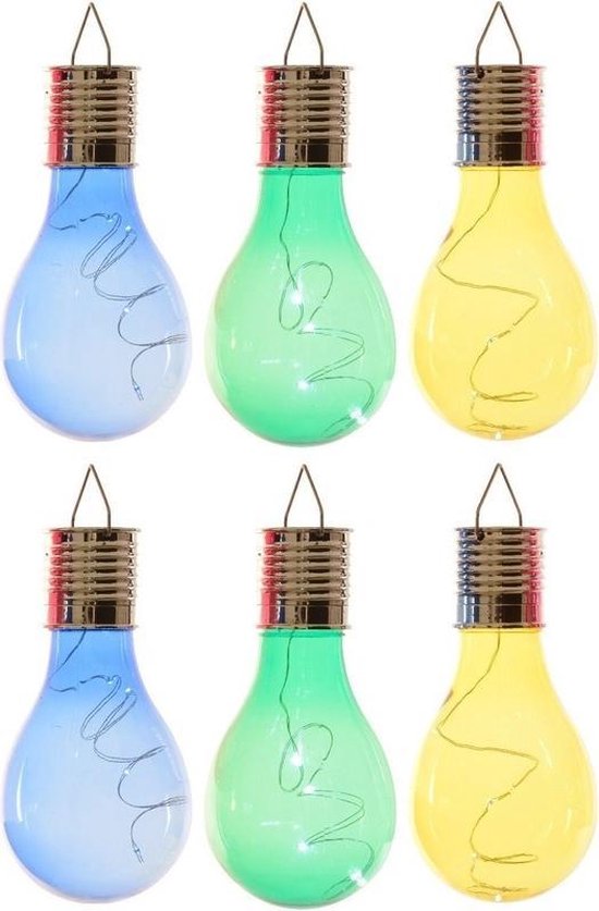 6x Buiten LED blauw/groen/geel peertjes solar verlichting 14 cm - Tuinverlichting - Tuinlampen - Solarlampen op zonne-energie