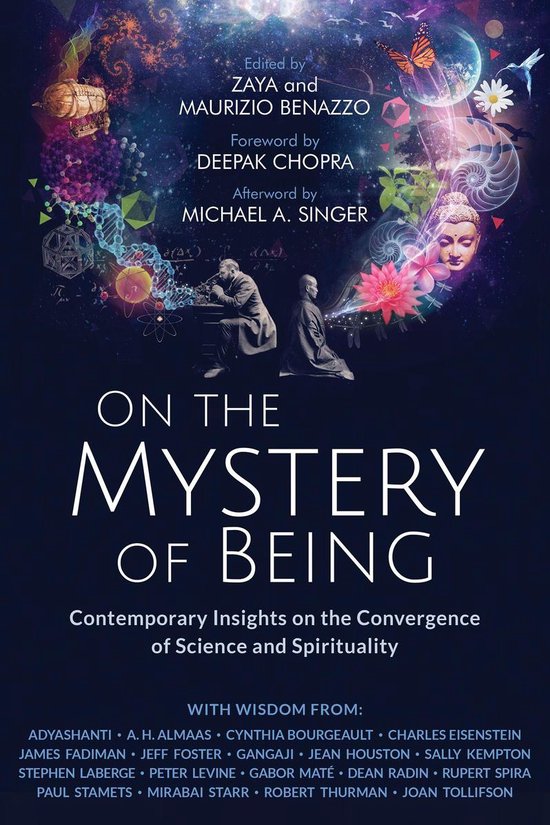 Boek "On the Mystery of Being", met een collage van wetenschappelijke en spirituele afbeeldingen, inclusief de titel en namen van bijdragers.