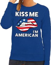 Kiss me I am American sweater blauw dames - feest trui dames - USA kleding M
