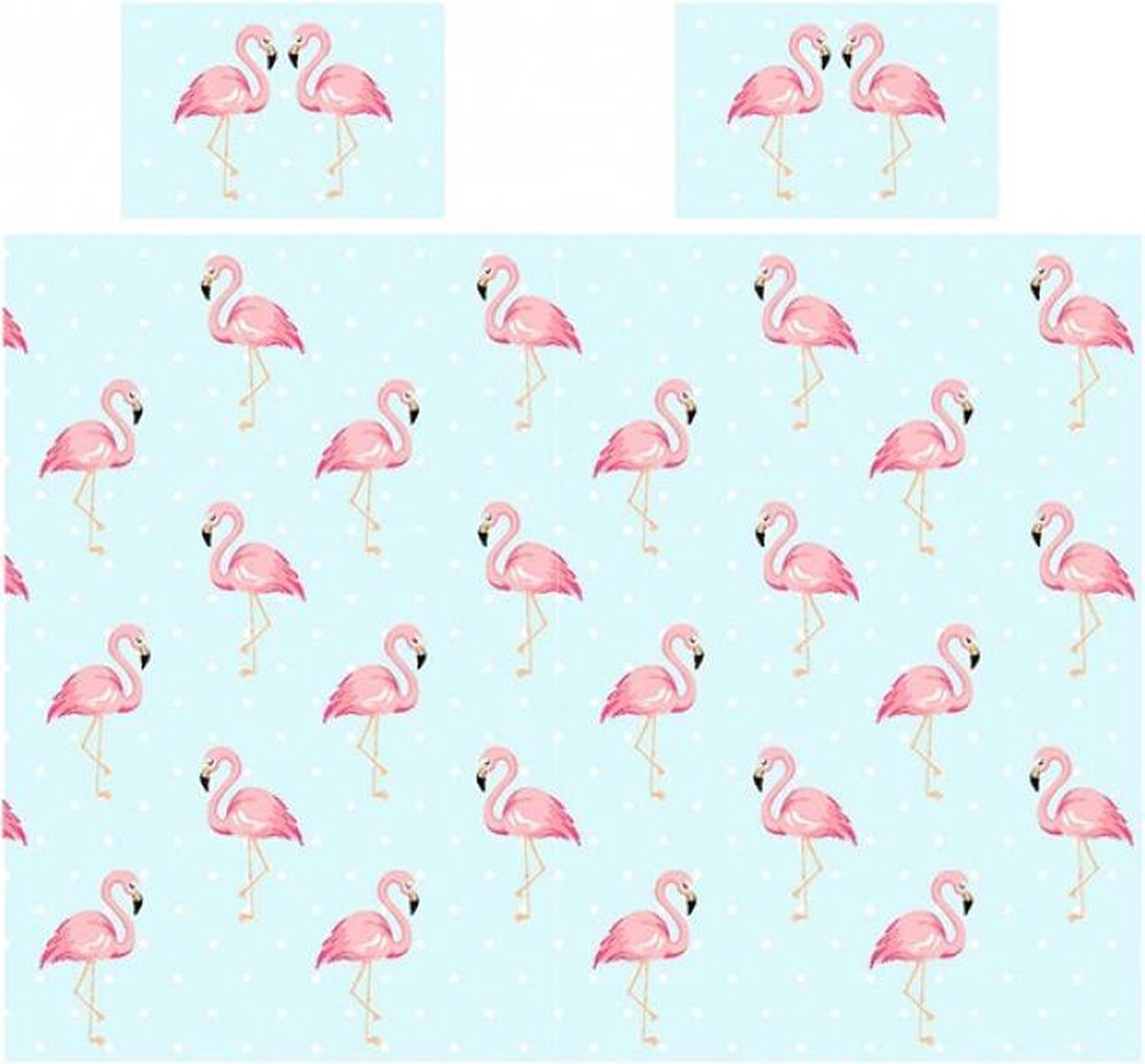 2-persoons dekbedovertek lichtblauw met heel veel gekleurde flamingos