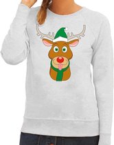 Foute kersttrui / sweater met Rudolf het rendier met groene kerstmuts grijs voor dames - Kersttruien L (40)