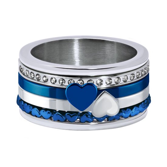 Quiges Dames Stapelring Set RVS Harten Verzilverd met Blauw - Maat 19.5 - Hoogte 8mm - SRS00819.5