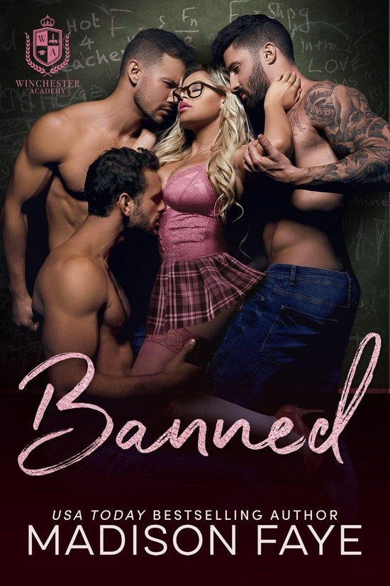 Een vrouw in een roze kanten top en geruite rok wordt omringd door drie mannen. De titel "Banned" staat vooraan.