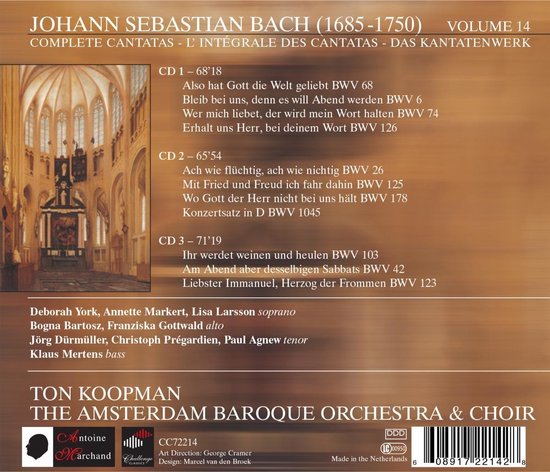 Achterkant CD-hoes: Complete Bach Cantatas Volume 14, CD's met titels en uitvoerenden. Ton Koopman, The Amsterdam Baroque Orchestra & Choir.