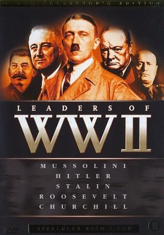 DVD cover met de titel 'Leaders of WW II', met portretten van Mussolini, Hitler, Stalin, Roosevelt en Churchill.