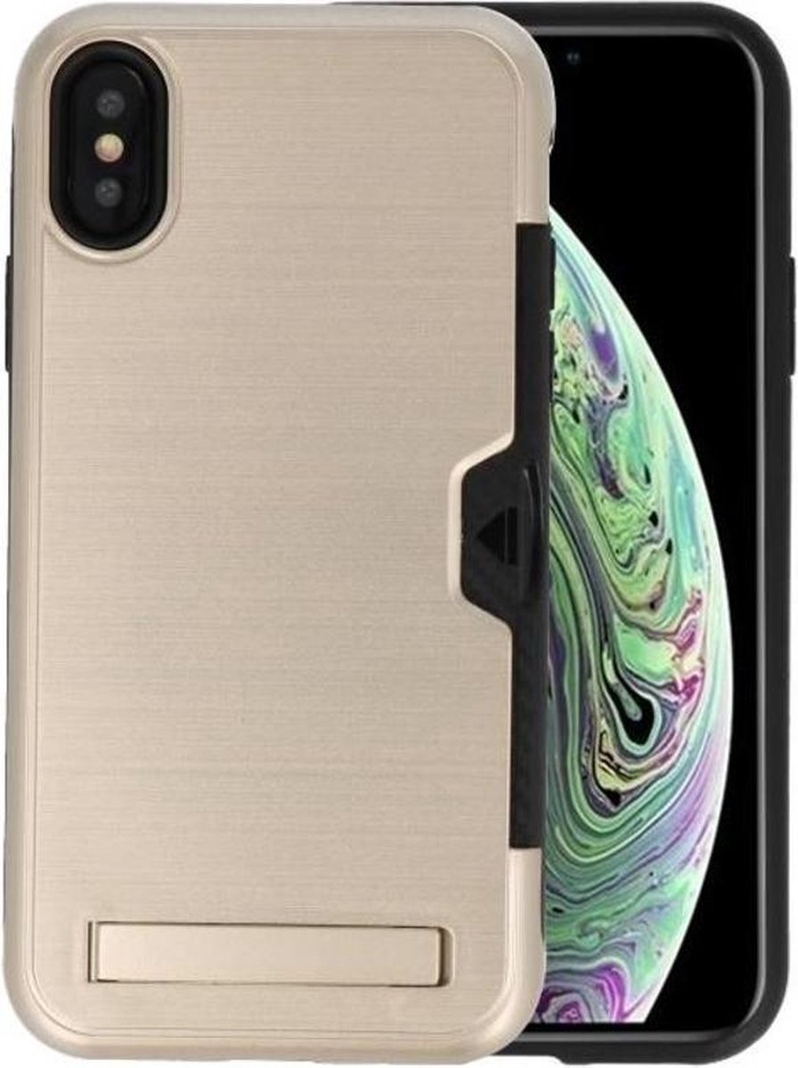 Goud Tough Armor Kaarthouder Stand Hoesje voor iPhone X / XS op Prijzenvolger.com