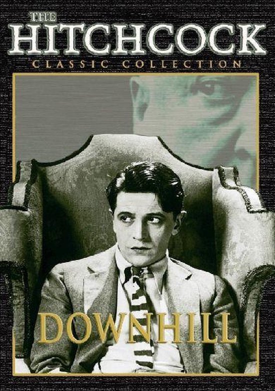 Filmcover voor 'Downhill' uit 1927, uit de 'The Hitchcock Classic Collection'. Een man in pak zit in een fauteuil.