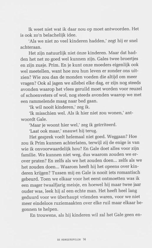 Tekstpagina met een dialoog uit De Hongerspelen. Geen afbeeldingen.