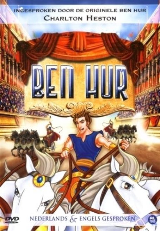 De DVD-cover van Ben Hur toont Charlton Heston in een strijdwagen, getrokken door witte paarden, met een menigte op de achtergrond. Nederlands & Engels gesproken.