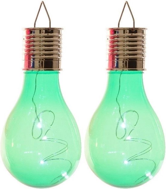 2x Buiten/tuin LED groen lampbolletje/peertje solar verlichting 14 cm - Tuinverlichting - Tuinlampen - Solarlampen zonne-energie