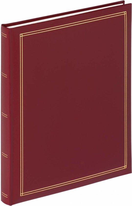 Rood fotoalbum met gouden randen en rugdetails.