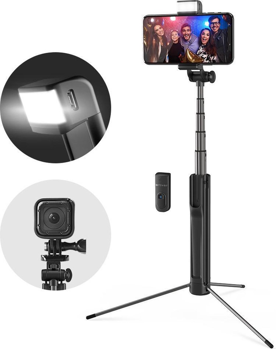 3 in 1 Selfie Stick met Afstandsbediening Verlichting en Foldable Tripod Stand - Draadloos Smartphone Statief en Driepoot